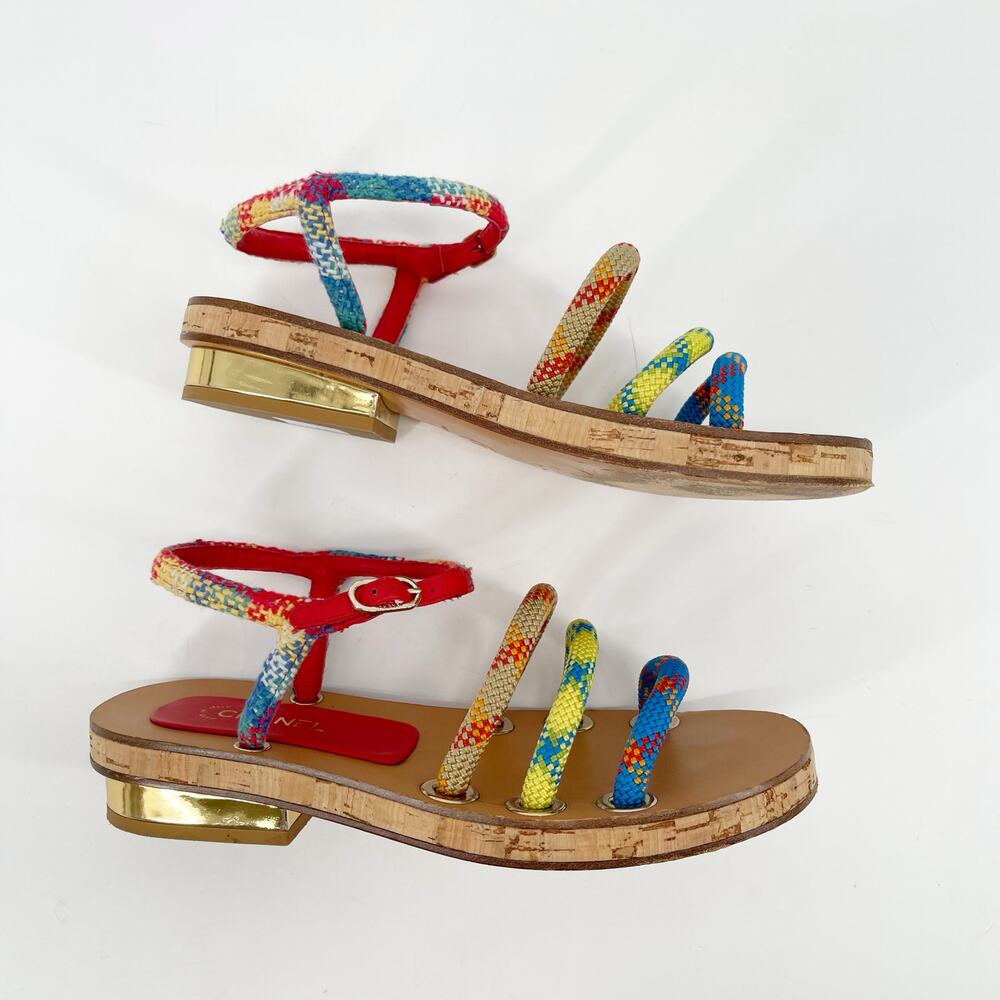 Chanel S/S 2017 Multicolor Rope Cork CC Gold Heel Ankle Strap Sandals EU 37 - Picture 3 of 12